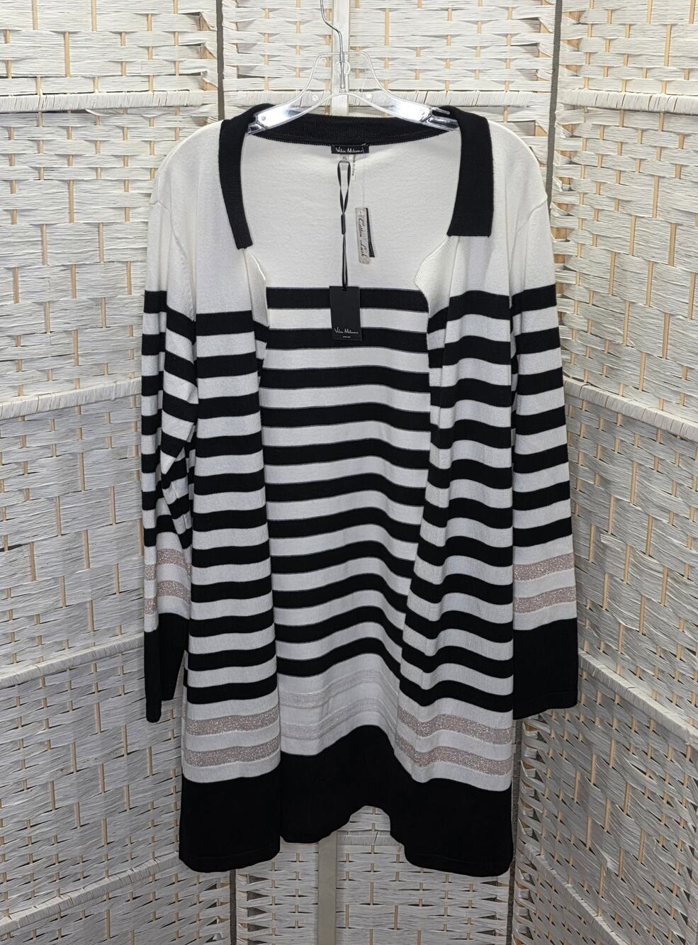 NWT Vila Milano XL Black White Striped open front cardigan metallic accent